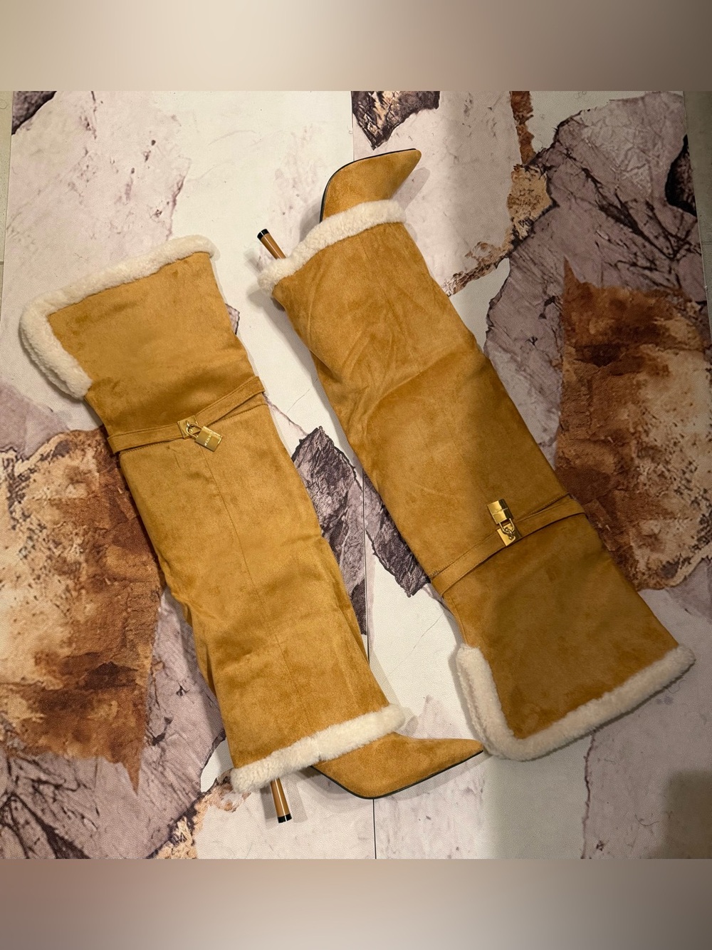 Women’s Shearling-Trim Knee High Heeled Boots in Camel